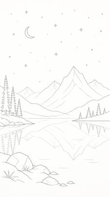 a tranquil mountain lake beneath a starry night sky, no people, no text
