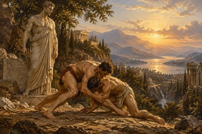 ancient greek Polyclitus with two wrestlers trying to pin each other to the ground
