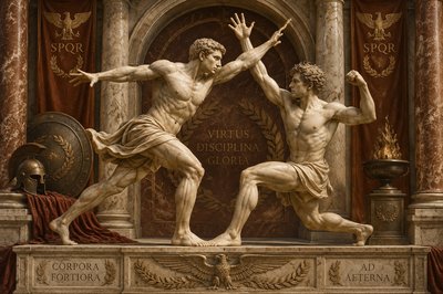 a statue of two men fighting in front of a building