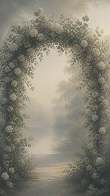 an arch of white roses and eucalyptus in soft morning light, elegant vertical composition with open space, no text