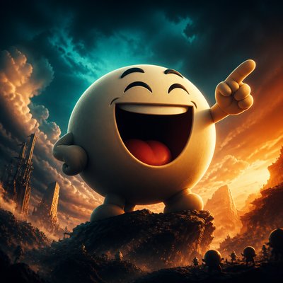 an exaggerated laughing face of an original round mascot character, bold and readable at small size, plain background, no text