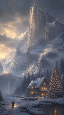 a snow-covered cottage with warm glowing windows beside a decorated pine tree, gentle snowfall, no text