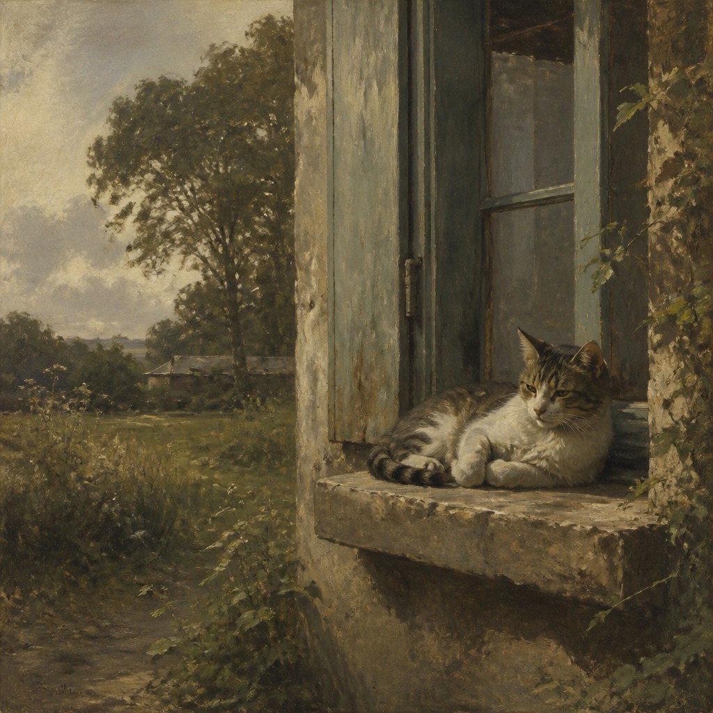 a cat lounging in a sunlit window — Barbizon School Art Style