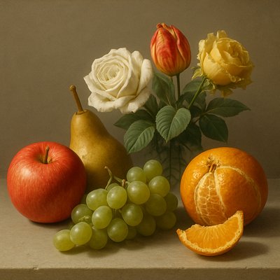 still life arrangement of fruits and flowers