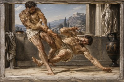 ancient greek wrestler tripping his opponent and and causing him to fall