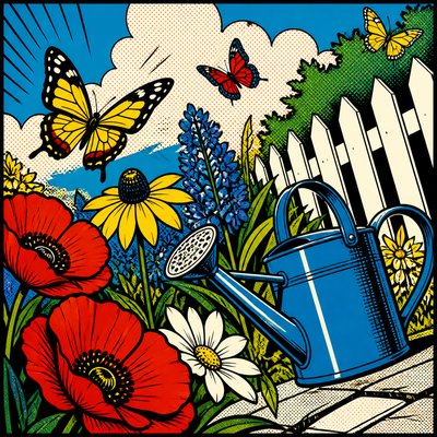 a garden scene with butterflies, flowers and a watering can, clean uncolored line art, no text