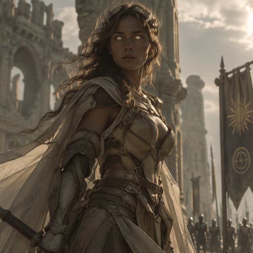 Je veux que tu me fasses une hyper realiste guerriere, tres modern avec une armure moderne genre full beige metal foncé sombre et voile entissue transparent beige blanc mais juste un peu si besoin mais elle une armure beige , le voile c’est juste histoire de rajouter du tissu et des cheveux ondulés brun clair et elle a des yeux blanc brillant, on dirait presque une deesse de la greece ancien avec l’ethnie, un corp realiste et un visage realiste ne me fait pas un truc idéalise