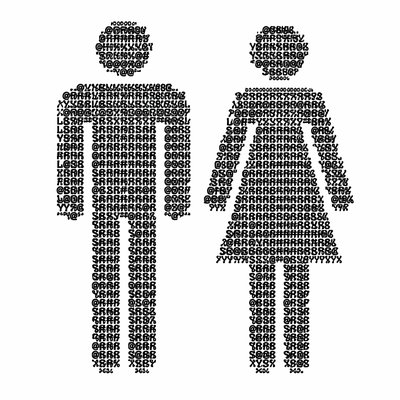 estroom sign, minimalistic ASCII art, simple black silhouettes of a man and a woman, standing side by side, iconic style, no background, clear and bold outlines, terminal-style ASCII characters, high contrast