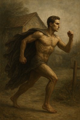 a painting of a man with a cape running