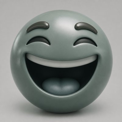 an exaggerated laughing face of an original round mascot character, bold and readable at small size, plain background, no text