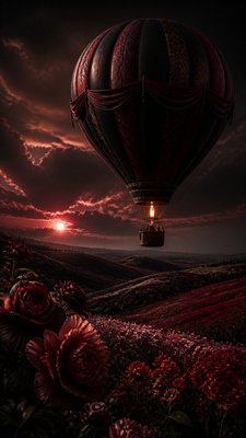 a hot air balloon drifting over rolling flower fields on a sunny day, cheerful, no text