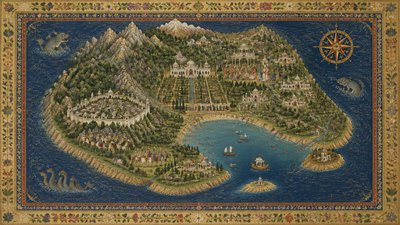 a map of an island realm with mountains, forests, a sheltered bay, sea monsters in the water and a compass rose, no text labels