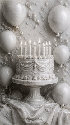 a birthday cake with lit candles surrounded by balloons and confetti, festive vertical composition, no text