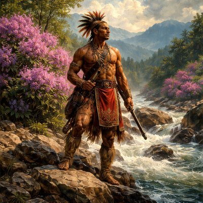 A breathtaking, cinematic digital painting of a Catawba warrior in traditional 18th-century regalia, standing proudly on the rocky banks of the rushing Doe River. The scene is framed by a massive, vibrant peak bloom of purple-magenta Catawba Rhododendrons. In the background, the misty, blue-toned peaks of the Appalachian mountains rise under a soft golden hour light.  intricate detail on the warrior's leather and beadwork.