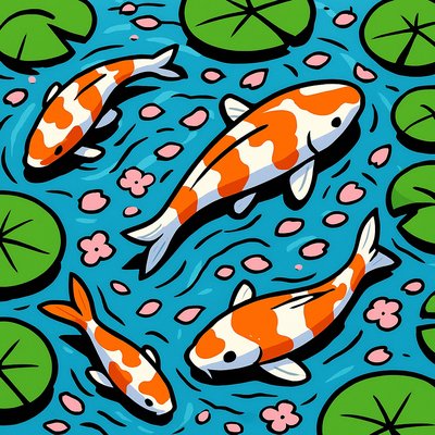 A koi pond seen from above, orange and white koi fish swimming among lily pads, clear water with subtle ripples, fallen cherry blossom petals floating on the surface, dappled sunlight