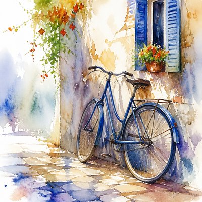bicyle resting against a wall — Watercolor Portrait Art Style