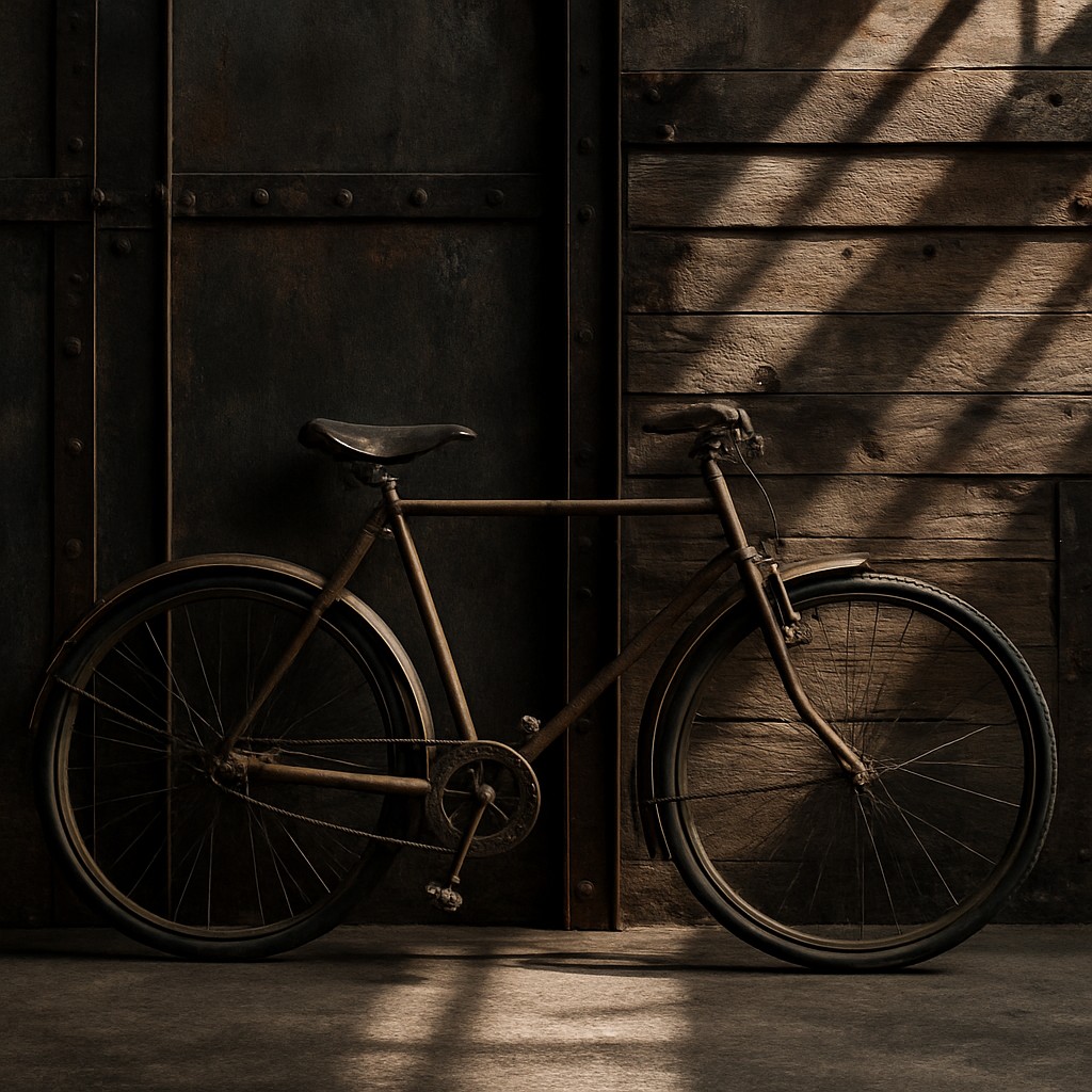 bicyle resting against a wall