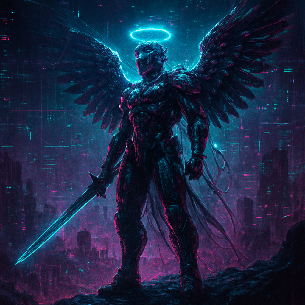 A futuristic cybernetic, dystopian, angel warrior, on a mountain top overlooking a deserted, broken city. Ultra-realistic. Extreme detail.