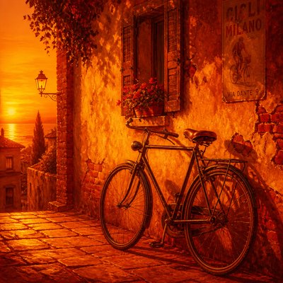 bicyle resting against a wall — Warm Palette Art Style