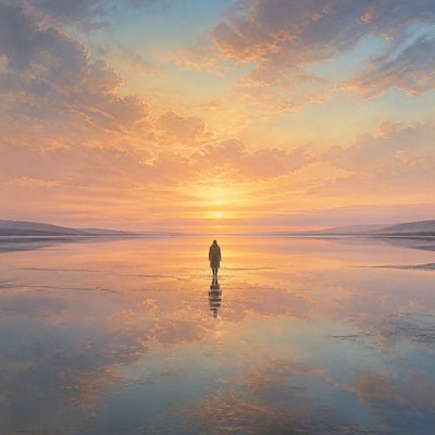 a solitary figure walking toward a glowing horizon across an empty plain, moody atmosphere, no text or lettering