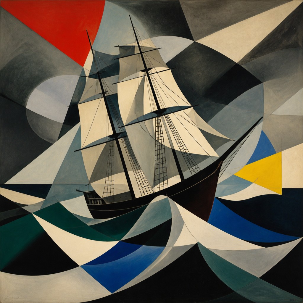 sailing ship on a stormy sea — Modernist Art Style