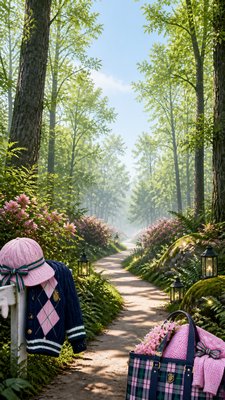 a mysterious forest path with fireflies and drifting mist, atmospheric vertical composition with open space at the top, no text