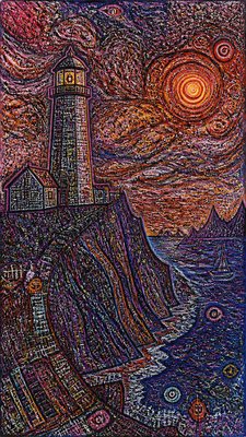 a lone lighthouse on a cliff at dusk under a dramatic sky, no text or lettering