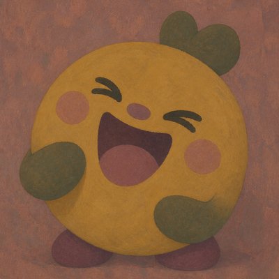 an exaggerated laughing face of an original round mascot character, bold and readable at small size, plain background, no text