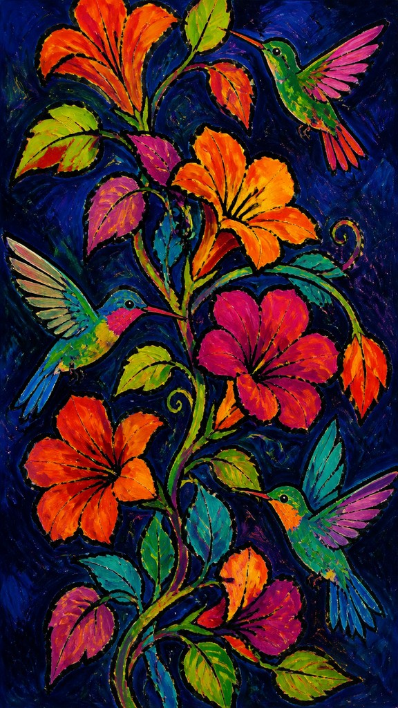 a climbing vine of flowers and hummingbirds on a dark background, tall wrapping composition, no text