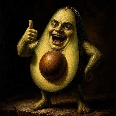 a happy avocado character giving a thumbs up, bold readable design on a plain background, no text