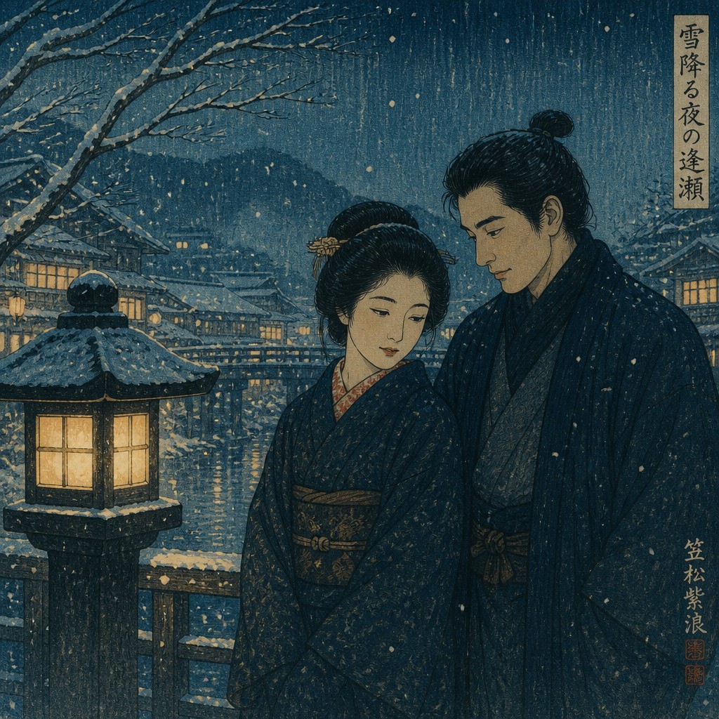 portrait of two people together — Shin-hanga Print Style