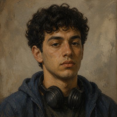 head-and-shoulders portrait of an original character: a young man with curly dark hair and headphones around his neck, plain backdrop, no text