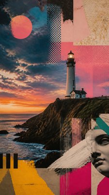 a lone lighthouse on a cliff at dusk under a dramatic sky, no text or lettering