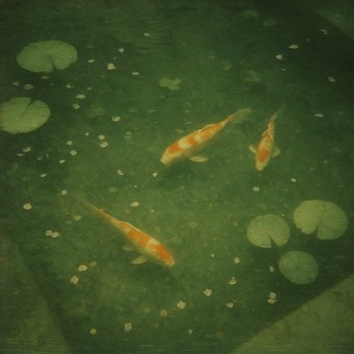 A koi pond seen from above, orange and white koi fish swimming among lily pads, clear water with subtle ripples, fallen cherry blossom petals floating on the surface, dappled sunlight