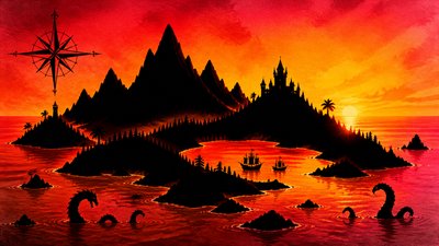 a map of an island realm with mountains, forests, a sheltered bay, sea monsters in the water and a compass rose, no text labels