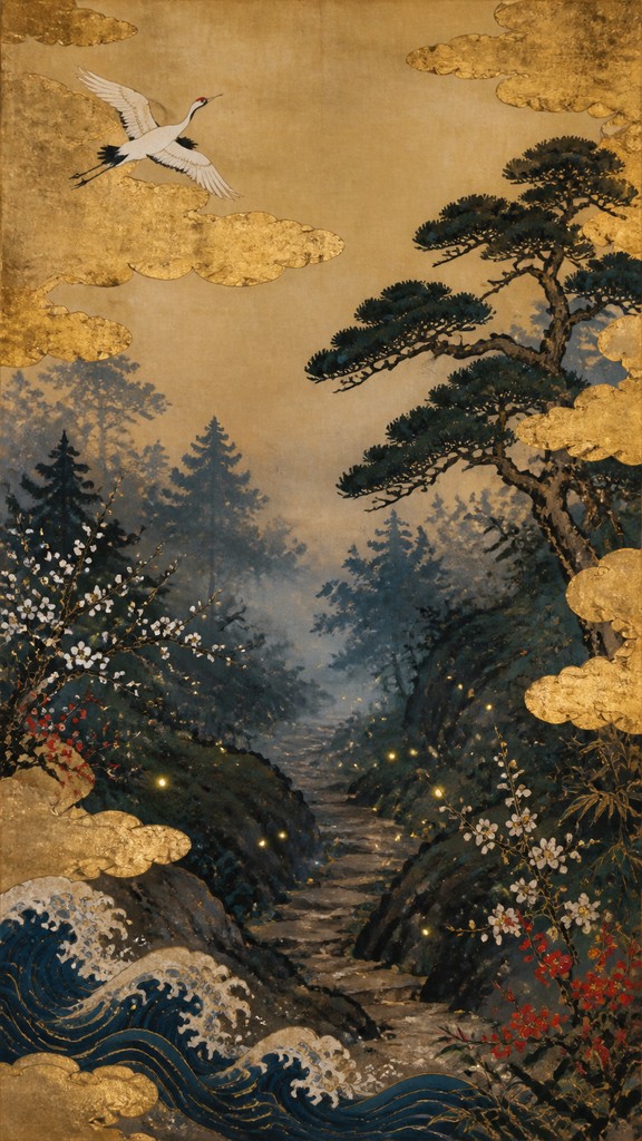 a mysterious forest path with fireflies and drifting mist, atmospheric vertical composition with open space at the top, no text