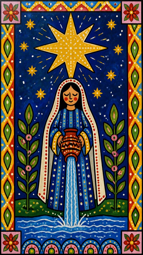 a robed figure pouring water beneath a large eight-pointed star in a night sky, symmetrical composition with an ornate decorative border, no text