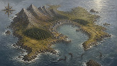 a map of an island realm with mountains, forests, a sheltered bay, sea monsters in the water and a compass rose, no text labels