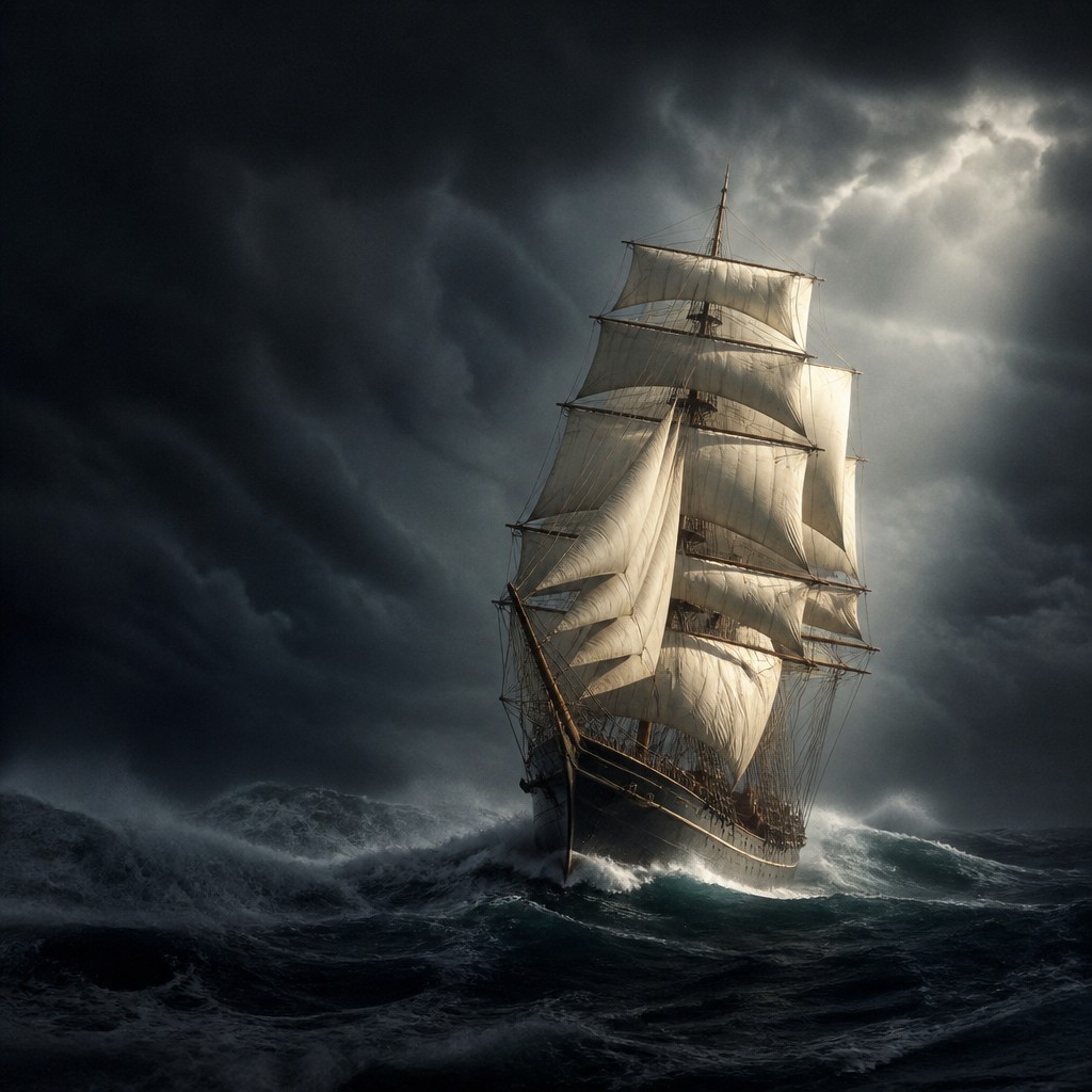 sailing ship on a stormy sea — Dramatic Emphasis Art Style