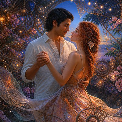 an original couple dancing under string lights in a garden at dusk: a man with short black hair in a linen shirt and a woman with braided red hair in a summer dress
