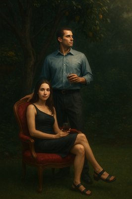 a painting of a man and a woman sitting in a chair