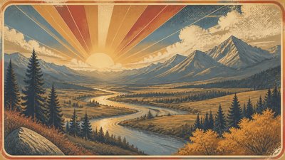 a vast valley with a river winding toward distant mountains at sunrise, no people, no text