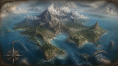 a map of an island realm with mountains, forests, a sheltered bay, sea monsters in the water and a compass rose, no text labels