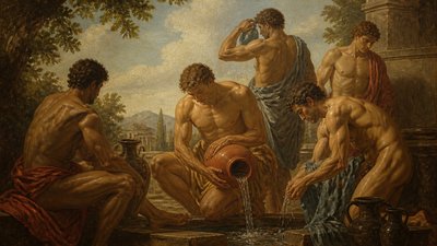 ancient greek athletes washing and pouring jars of water 