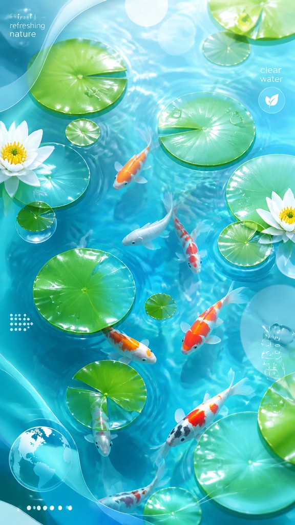 a koi pond with lily pads seen from above, no people