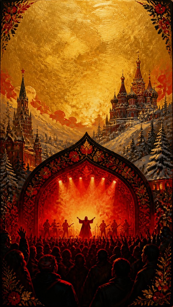 a live music scene with a glowing stage and silhouetted crowd, energetic vertical composition with open space at the top, no text