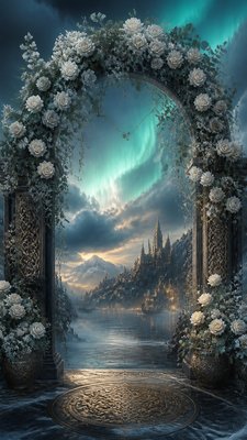 an arch of white roses and eucalyptus in soft morning light, elegant vertical composition with open space, no text