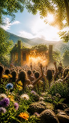 a live music scene with a glowing stage and silhouetted crowd, energetic vertical composition with open space at the top, no text