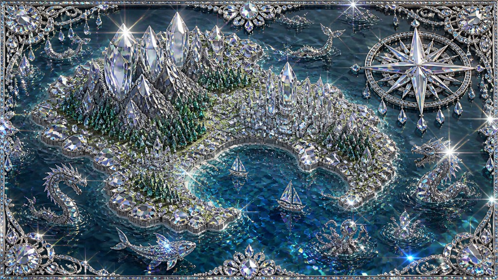 a map of an island realm with mountains, forests, a sheltered bay, sea monsters in the water and a compass rose, no text labels