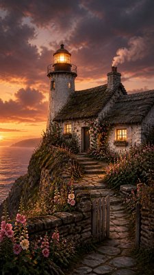 a lone lighthouse on a cliff at dusk under a dramatic sky, no text or lettering
